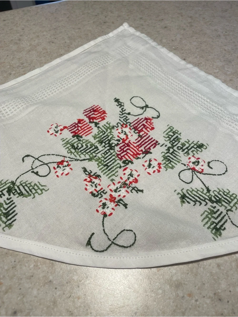 Vintage Head Scarf Upcycled Tablecloth Embroidered Floral Strawberry Handmade